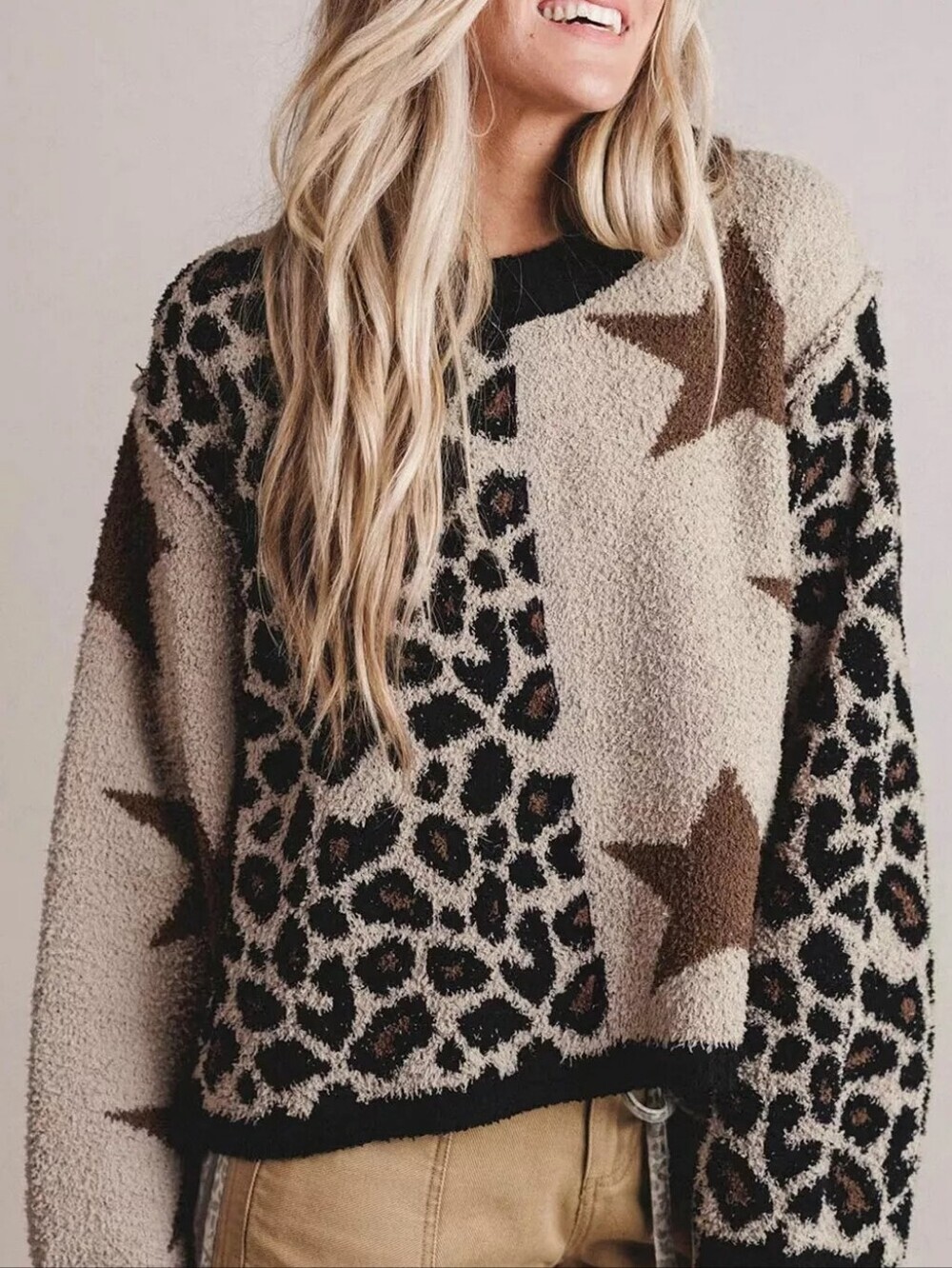 Leopard Star Pattern Round Neck Long Sleeve Shift Sweater